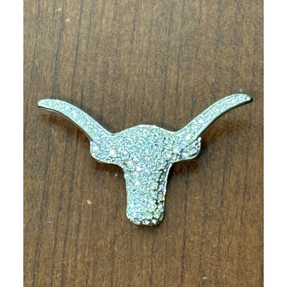 Rhinestone Longhorn Steer Head Brooch Pin Silver Tone Western Cowboy Texas Y2K